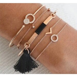 NEW Boho Bracelet Set - Gold Tone Chains, Tassel, Rhinestone Accents, Adjustable